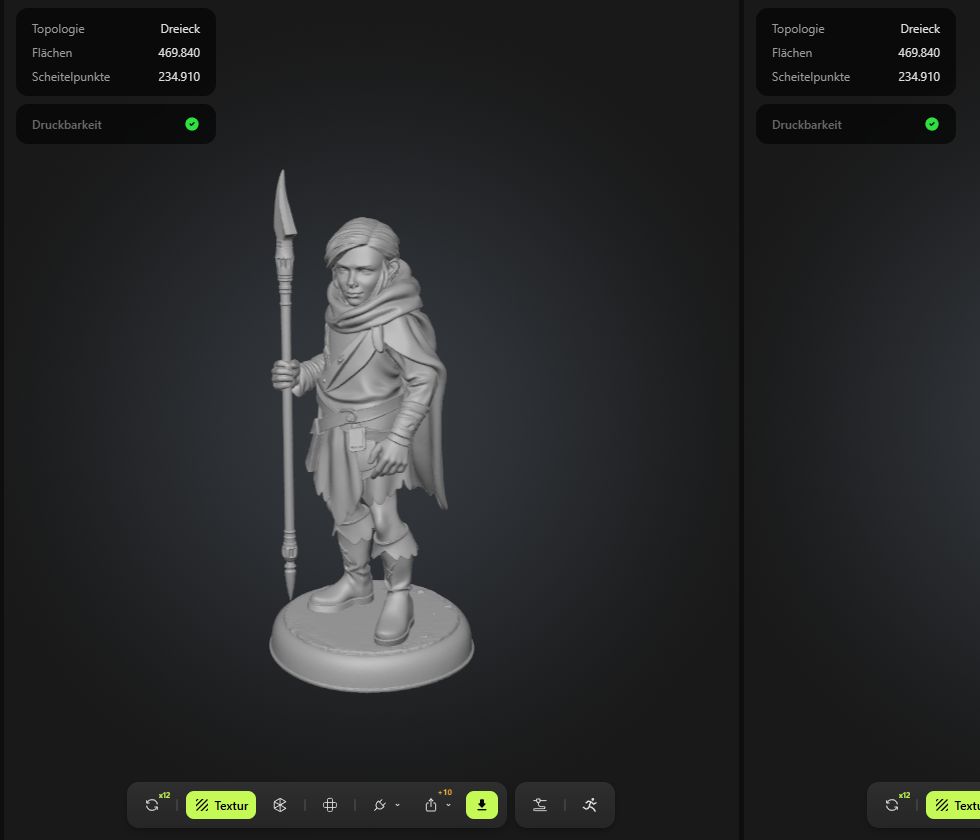 Erstes von Meshy erzeugtes 3D-Modell einer Waldwächterin mit Speer und runder Base