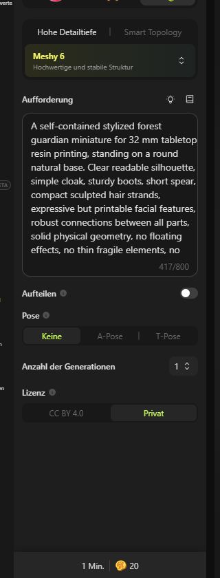 Meshy Text-to-3D mit dem englischen Prompt für eine druckbare Waldwächterin
